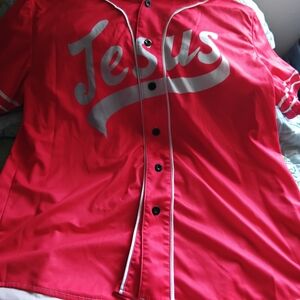 Red 'Jesus' Graphic Button-Up Jersey